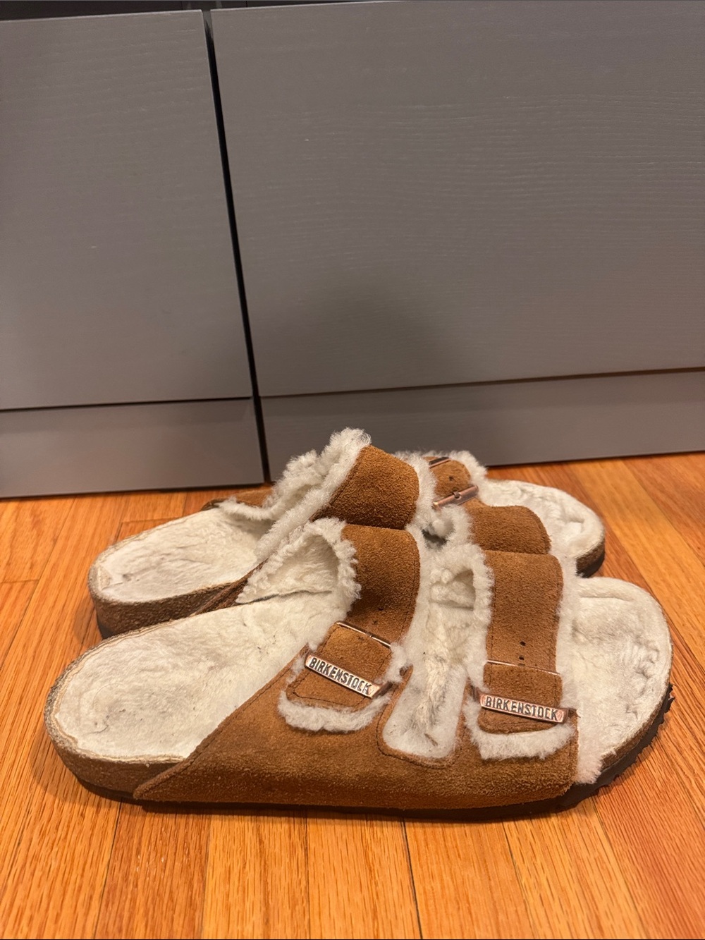 Birkenstock Tan Suede Shearling Two-Strap Slides